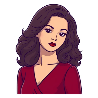 High-profile artistic woman with radiant complexion, long voluminous dark hair with soft waves, large almond eyes with bold eyeliner, defined brows, glamorous red lipstick, wearing sophisticated wine red velvet dress with V-neckline, elegant confident expression sticker