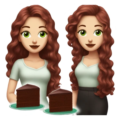 a white girl with dark red burgundy wavy hair and black eyeliner and green eyeseating a huge piece of chocolate cake  sticker