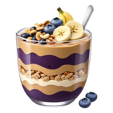 Açai bowl in a clear cup with layers of peanut butter, cashew nuts, granola, condensed milk and banana sliced and blueberrys on top sticker