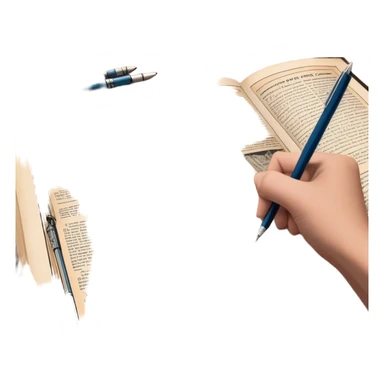 Create a detailed emoji representing the process of writing texts for comic books. The design should feature a large, open comic book with vintage comic strips visible on its pages. A pen should be shown writing text on one of the comic panels, but without a hand. The pencil should appear as though it is actively creating the dialogue or narration. Use a classic color palette with muted tones for the comic book and brighter accents on the pencil to draw attention to the writing process. Do not include any emojis or smiley faces. Make the background transparent. sticker