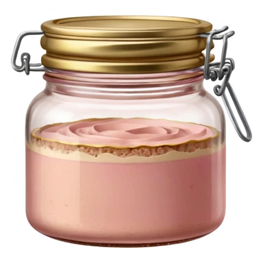 small glass jar filled with coarse beige to light pink pâté, smooth slightly uneven surface, metal lid, visible layers of texture through transparent glass, fine fat cap on top, no label, no garnish, no bread, sealed jar, soft lighting, subtle shadows, emoji scale sticker