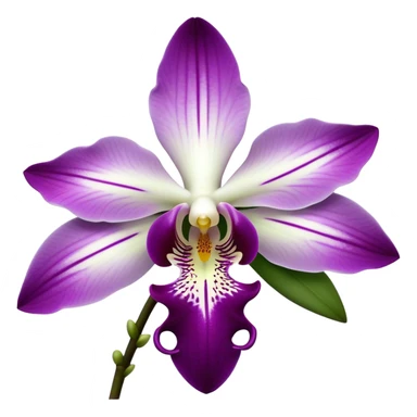 Cinematic Realistic Orchid Emoji, Exotic and elegant, with intricate, velvety petals in deep purple and white, forming a delicate and symmetrical blossom. The slender green stem holds the flower high, while surrounding leaves add lush contrast. Soft glowing outline, capturing the essence of rare beauty and sophistication in a captivating orchid. sticker