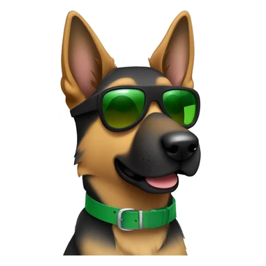 Slim weak german shepherd with green belt and full black sunglasses and hair colour gray and a little brown near mouth sticker