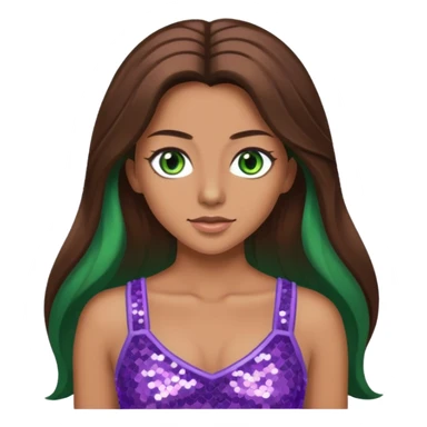 Teresa from Barbie & Friends with green eyes, long brown hair, lilac sequin crop top sticker