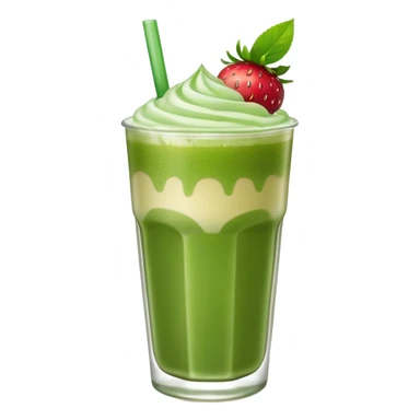 glass of iced matcha latte with visible strawberry syrup layer at the bottom, apple emoji style sticker