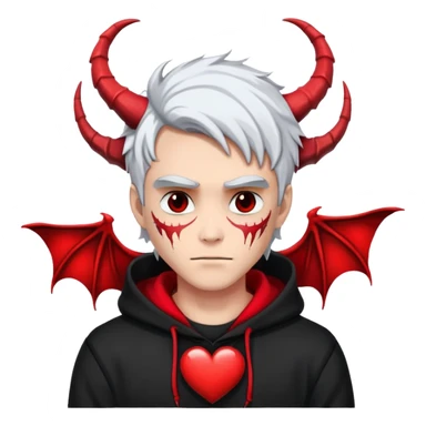 man with black and white hair, half black face, red horns, black hoodie, red wings, dragon skeleton, heart necklace sticker