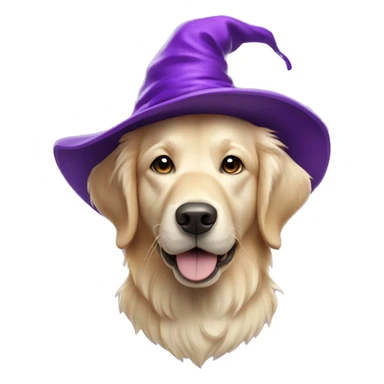 Cream color Golden retriever wearing a purple wizard hat sticker