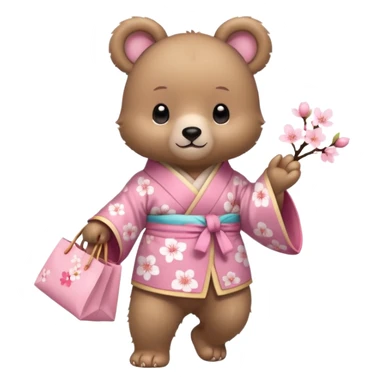 A cute baby bear character in pastel style, standing upright like a human. 
Light brown soft fur, large round ears, rounded paws and feet. 
Wearing a pink kimono with soft cherry blossom patterns on the sleeves and bottom, Holding a cute pastel shopping bag with one paw, walking pose. sticker
