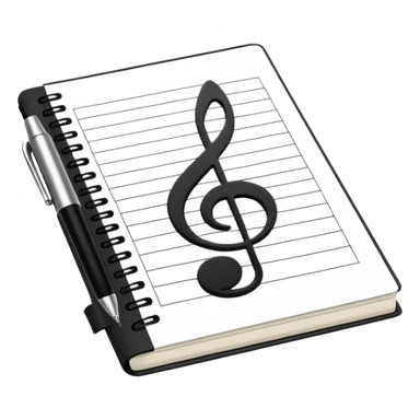 Minimalistic flat vector icon, iOS style, thin black contour on white background. Small notebook with a musical note on the cover, a pen placed next to it. Clean, modern, no text, no shadows. sticker