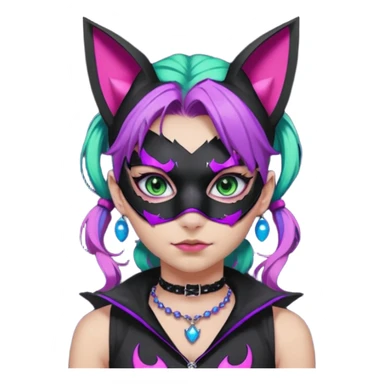 Girl with green eyes, wearing a bat mask with pink stones around her eyes, her hair tied in a ponytail, the hair is purple with blue and pink streaks, with black cat ears with pink stones around, wearing a black shirt that covers the neck, and a sleeveless blue jacket, and a necklace of pink stones sticker