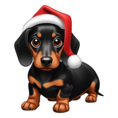 Black and brown miniture dachshund with a red santa hat sticker