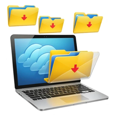 An open laptop with yellow folders containing data flying out. sticker