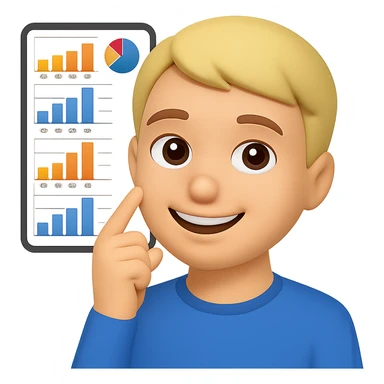 Person thinking with graphs in the background, smiling, in apple emoji style with a pink background. sticker