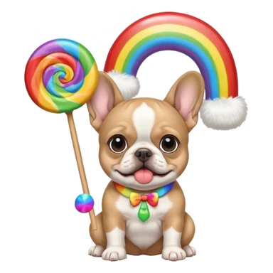 baby french bulldog wearing a propeller hat and holding a comically large rainbow lollipop  sticker