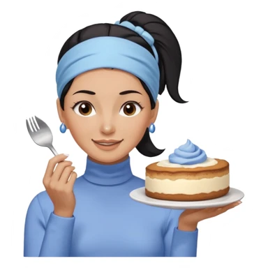  tan skin woman with long face, and short black hair slicked back ponytail with forehead showing, wearing a periwinkle colored headband and wearing pale blue turtleneck shirt, eating tiramisu smiling with hair pulled back sticker