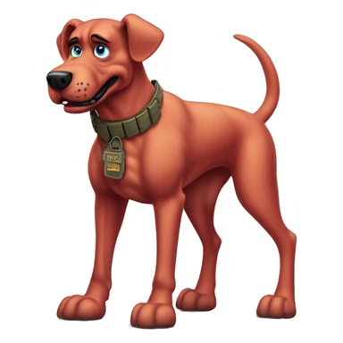 Desert storm hot tall blue eyes Clifford the big red dog muscled with tattoos on arms book illustration as a military call of duty character standing alone sticker