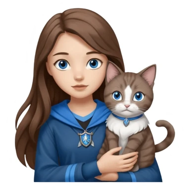 gorgeous Girl with light skin, blue eyes, long brown hair, wears a ravenclaw outfit, with a grey and white cat holding in her arms sticker