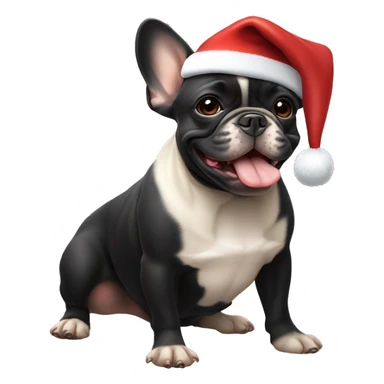A small, black-and-tan French bulldog with a mostly black face and tan paws, wearing a classic red and white Santa hat, sitting happily with its tongue slightly out. sticker