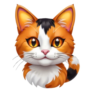 Cinematic Cute Calico Cat Portrait Emoji, Head tilted playfully with sparkling, inquisitive eyes and a charming patchwork fur of orange, black, and white, simplified yet irresistibly adorable, highly detailed, glowing with a warm, inviting glow, high shine, bubbly and affectionate, styled with a touch of whimsical feline charm, soft glowing outline, capturing the essence of a delightfully cute calico cat that looks as if it could prance off the screen into your heart! sticker
