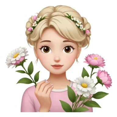 emojis.com a-girl--sitting--near-various-bouquets-of-flowers-,-white-and-pink-flowers-.-she-is-holding-a-single-white-flower-up-to-her-face,-her-hairstyle-is-slightly-messy-updo,-with-a-few-soft-strands-f (1) sticker