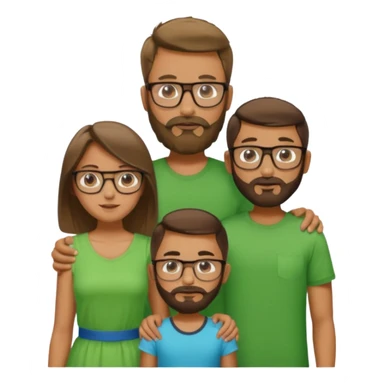 A family consisting of a man who's bearded, tanned, wearing glasses, a woman, slightly tanned, and a 14 year old teenage boy, slightly tanned, wearing a green t-shirt sticker