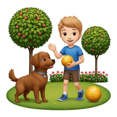 kid and dog playing with ball, garden background sticker