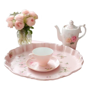 Light pink glass serving tray with handles, shabby chic style with floral print, with porcelain tea set on it sticker