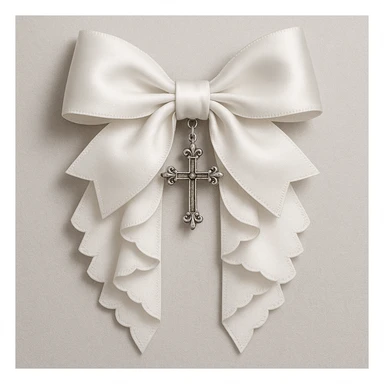 Edit the image to depict a white gothic bow with layered ribbons and a cross pendant in a general style. sticker