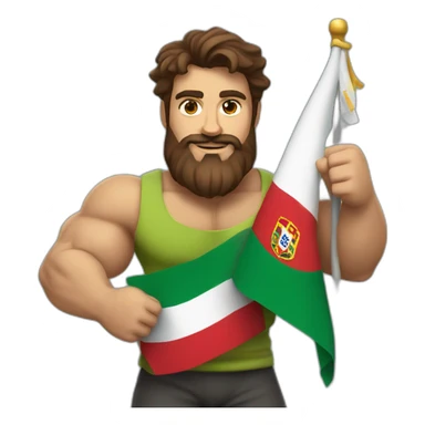 brown hair and beard guy with big muscles holding a portugese flag sticker