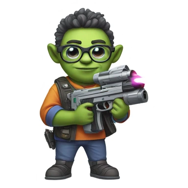 Nerdy short gay troll holding a laser sticker