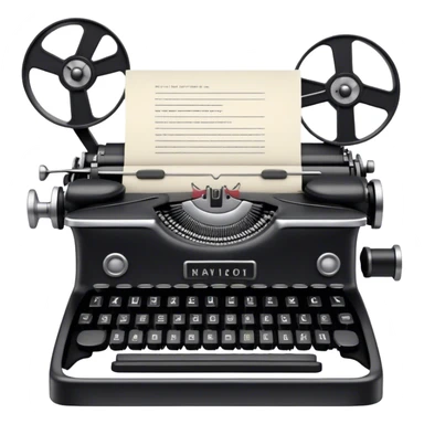 Create an emoji representing screenwriting. The design should feature an open script with visible dialogue and action lines, symbolizing the writing of a screenplay. Include a classic typewriter to signify the process of creating a script. Add a movie camera next to the script to emphasize the cinematic aspect of screenwriting. Use a professional color palette with black, white, and subtle metallic tones. Do not include any emojis or smiley faces. Make the background transparent. sticker