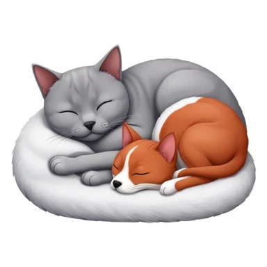 gray British Shorthair cat curled up and sleeping next to a red Basenji dog sticker