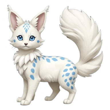 Albino-white, blue-eyed soft natural realistic romantic vintage antique divine beautiful elegant pretty precious cute young youthful  Fakémon-Pokémon-feline-Zeraora-Jolteon-serval-caracal-chinchilla-Minccino-Cinccino-Meowstic-rodent-hybrid-creature with a big fluffy bushy tail (full body) sticker
