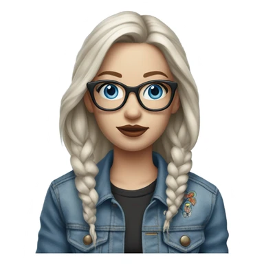 Create a Hyper Realistic pale beautiful tattooed 3D woman with glasses and blue eyes wearing denim jacket sticker