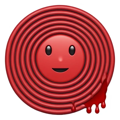 Minimalist emoji-style sticker of a coiled red carpet with drops of blood on the floor around it. Flat design, black and desaturated red tones, no perspective, bold lines. sticker