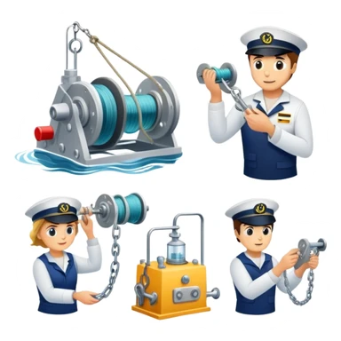 Sequential process of sailor operating winch, retrieving sediment core, and scientists examining ocean floor samples in lab sticker