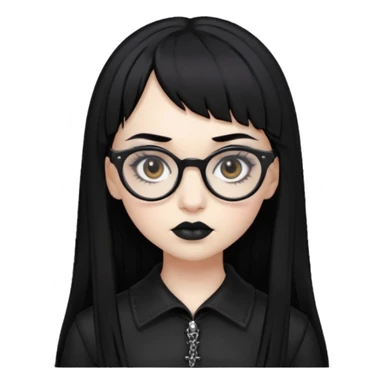 Faça uma moça de cabelo preto micro franja e pálida e com maquiagem gótica pesada olhos castanhos escuro e óculos  sticker