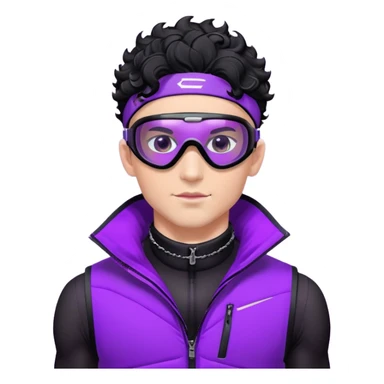 male athlete with white skin and moderately curly black hair on top with shaved sides, wearing ski goggles with purple frames and very dark black lenses, a simple plain black chain necklace, and a completely unzipped/wide open shiny purple vest fully revealing his chest and abs, no earrings sticker
