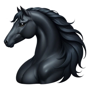Cinematic Elegant Black Horse Portrait Emoji, Head held high with a serene, powerful gaze, showcasing a magnificent jet-black fur with a radiant, glossy finish, a flowing mane and tail, and piercing dark eyes exuding beauty and strength, Simplified yet majestically refined features, highly detailed, glowing with a soft, ethereal light, high shine, poised and breathtaking, stylized with an air of pure elegance, capturing the essence of a stunning and graceful steed, so beautiful it feels like it could gallop out of the screen with effortless charm! sticker