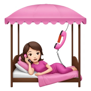 brunette woman reclining on a canopy bed, pink telephone to her ear sticker