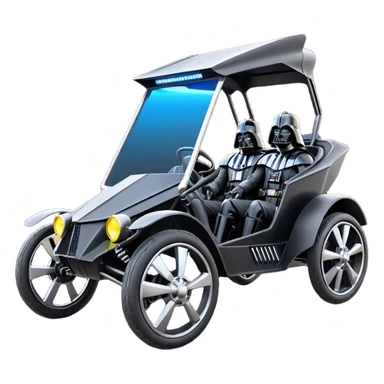 Mad max survival apocalypse ghostly sporty Darth Vader’s Batman-armored 1876 black graphite colored enclosed twin seat town buggy with horizontal holographic 3d stars painted on the body sides and neon under glow  sticker