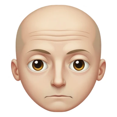 Steven Miller, bald, grim expression, narrow rectangular head, bottom lip sticking out, eyelids lower on the outside sticker