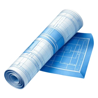half rolled up blue blueprint plan with white architectural lines, perspective angle sticker