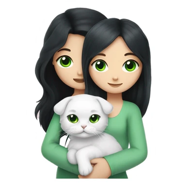 girl with very long black hair and green eyes and light pink outfit hugging a white scottish fold long hair blue eyes cat  sticker