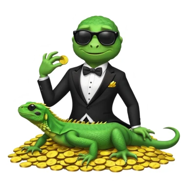 capitalist iguana banker in tuxedo and black sunglasses lying comfortly on coins sticker
