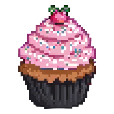 pixel art cupcake with pink frosting and sprinkles sticker
