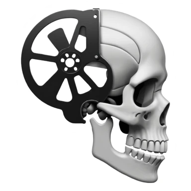 Minimalist emoji-style sticker of a human skull in profile, with a film reel replacing the brain. Grayscale icon with bold silhouette.
 sticker