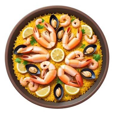 cinematic-realistic-paella-dish-emoji,-depicted-as-a-vibrant,-aromatic-rice-dish-loaded-with-seafood,-chicken,-and-saffron-rendered-with-rich-textures-and-dynamic,-warm-lighting with a lemon slice in the middle sticker