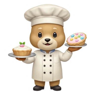 quiero un oso de pie con un delantal de pasteleria y un jorrito de chef que una mano tenga una manga oastlera sticker