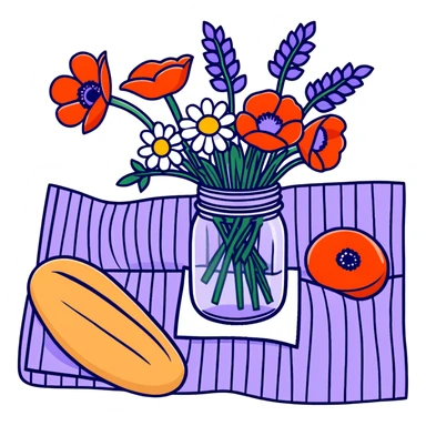 wildflower bouquet with daisies, poppies and lavender arranged in a mason jar on a picnic blanket with bread and fruit sticker